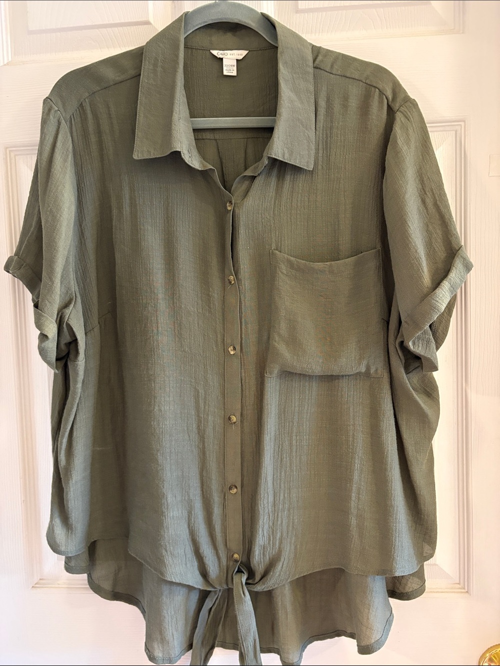 Cato Olive Green Button-Front Tie Hem Casual Shirt